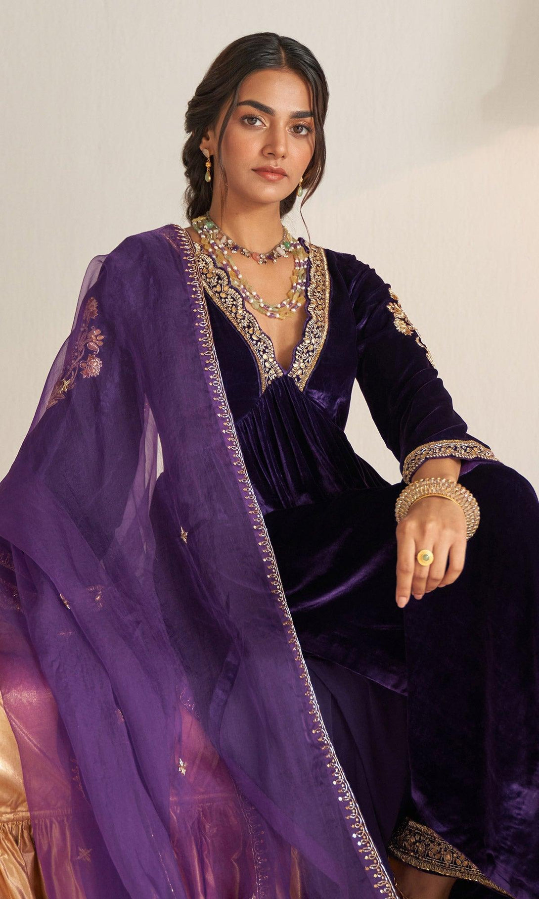 Khizaan Embroidered Purple V Neck velvet Anarkali set with organza dupatta set of 3 RTS - Indiakreations