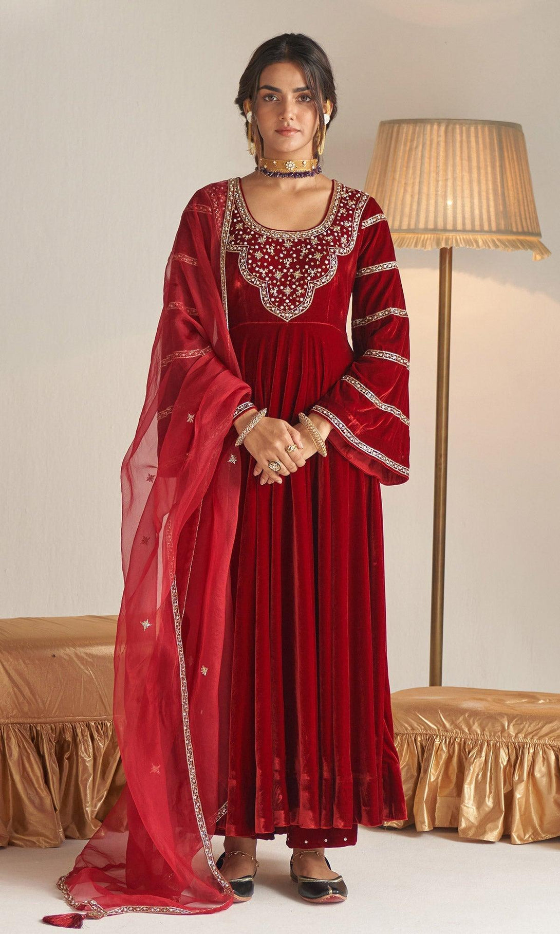 Khizaan Embroidered Red Embroidered Yoke velvet Anarkali set - set of 3 RTS - Indiakreations