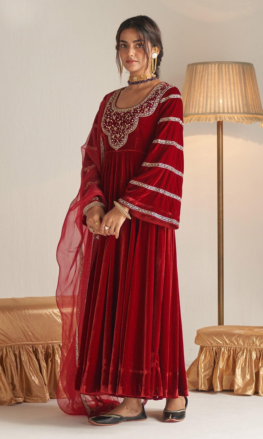 Khizaan Embroidered Red Embroidered Yoke velvet Anarkali set - set of 3 RTS - Indiakreations