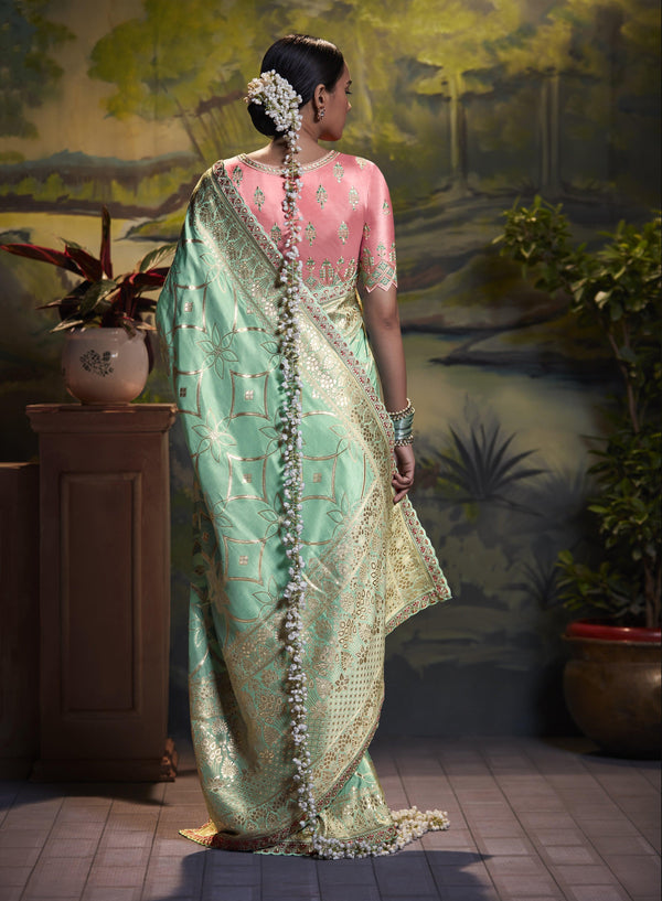 Festival Wear Fancy Fabric Beautiful Sea Green Saree - Indiakreations