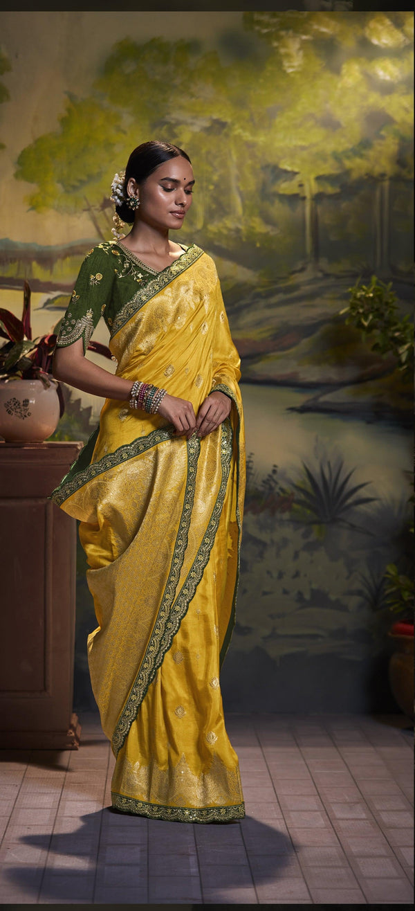 Banarasi Silk Weaving Classic Saree In Mustard For Reception - Indiakreations