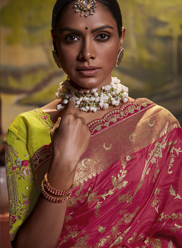 Trendy Banarasi Silk Designer Festival Wear Saree In Red - Indiakreations