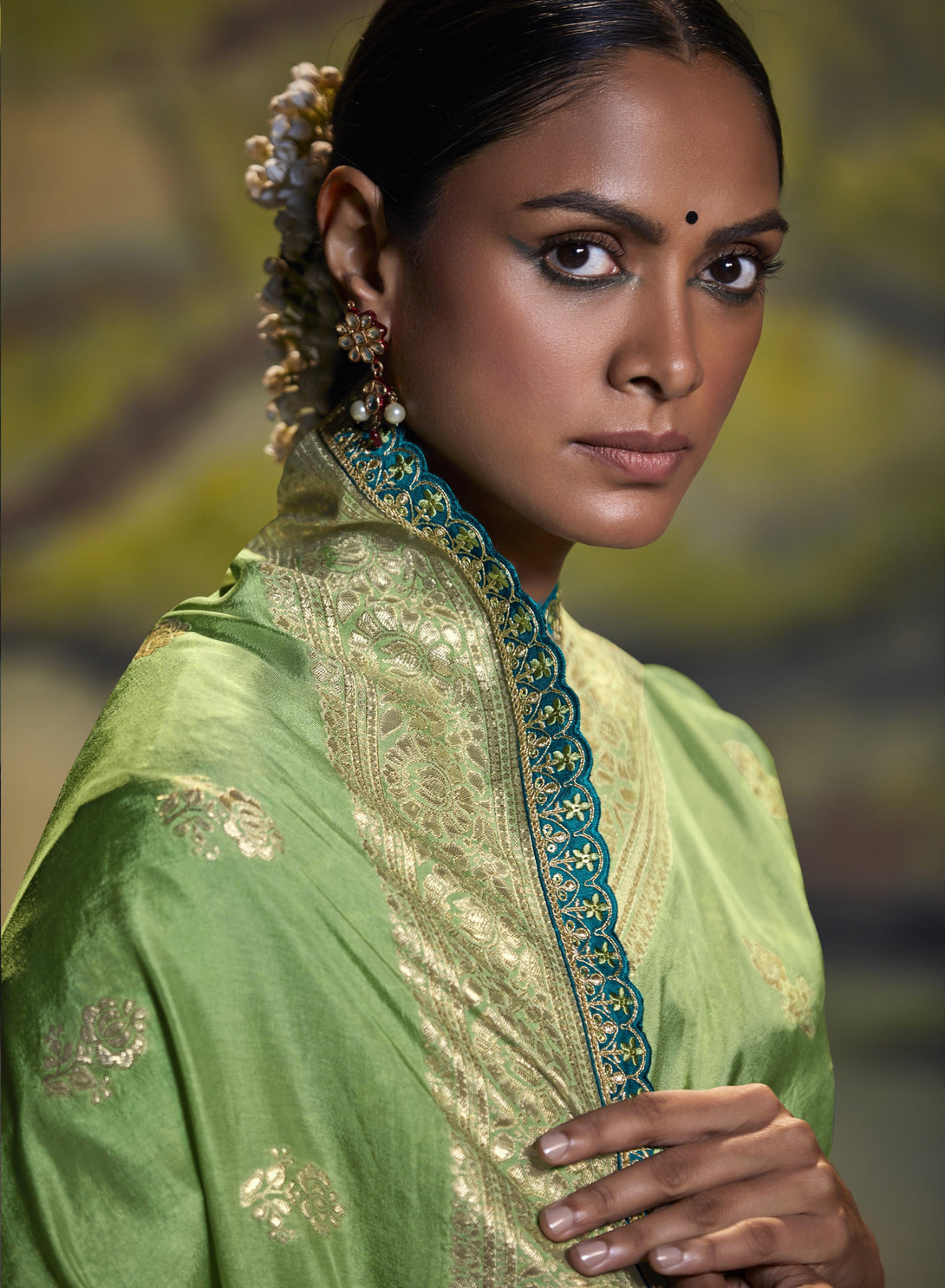 Women Designer Banarasi Silk Woven Saree In Green - Indiakreations