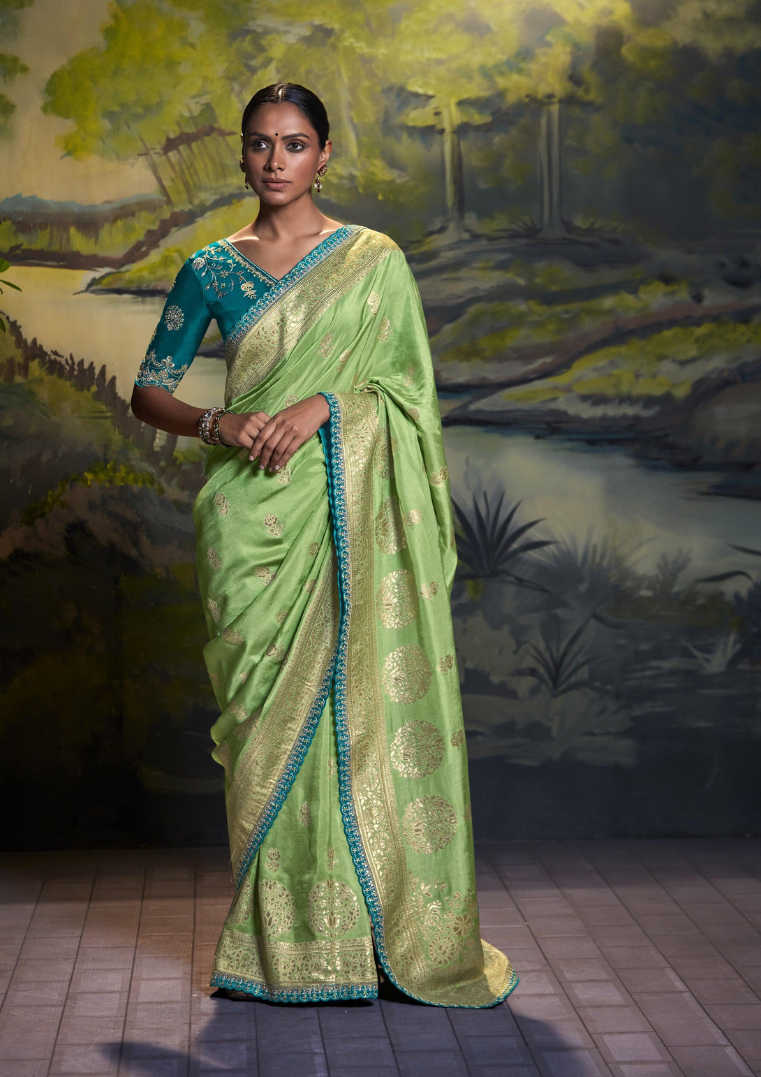 Women Designer Banarasi Silk Woven Saree In Green - Indiakreations