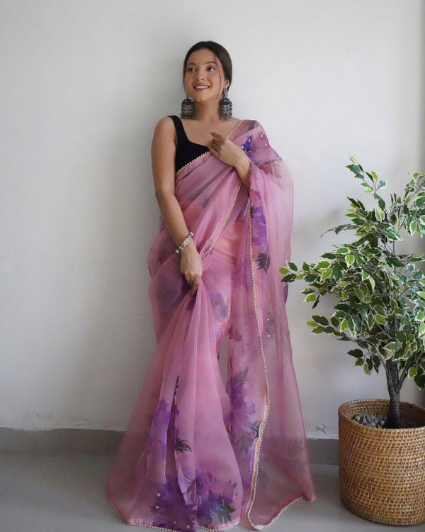 Women's Pink Hand Work Saree - VAMSEE