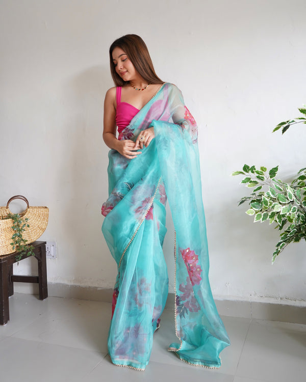 Women's Sky Hand Work Saree - VAMSEE