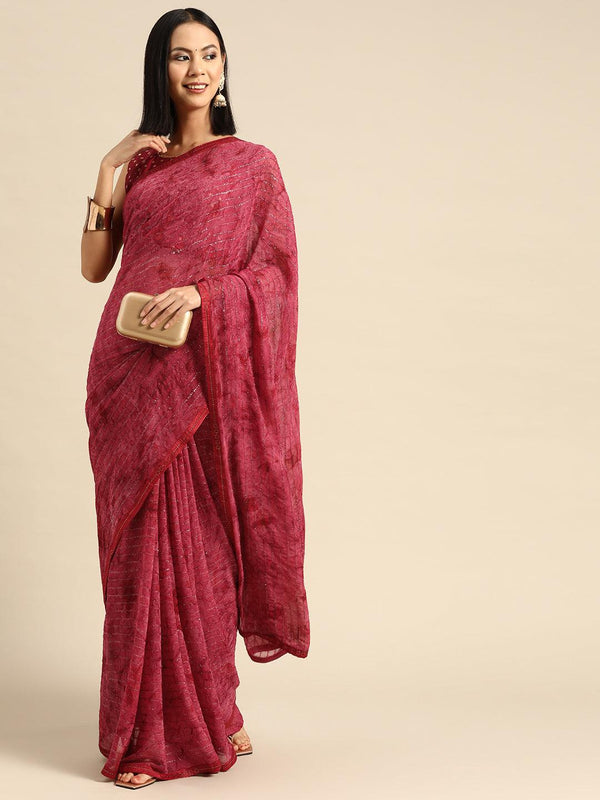 Reception Wear Famous Tie And Dye Work Poly Chiffon Saree In Pink - Indiakreations