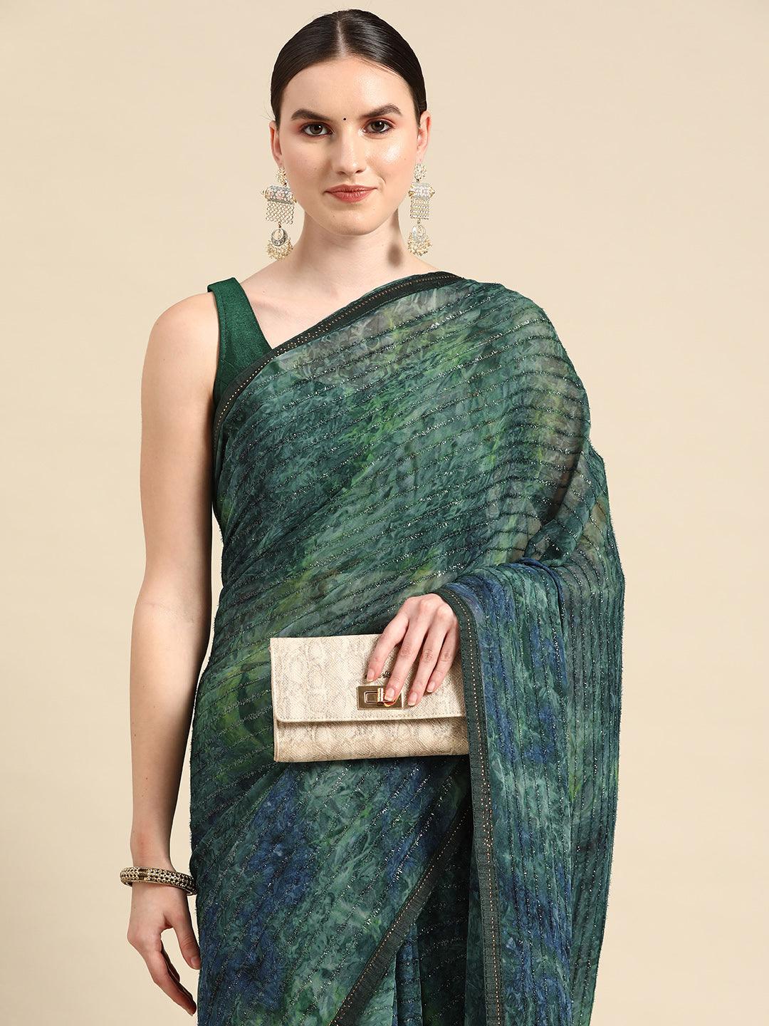 Beautiful Black And Blue Solid Printed Poly Chiffon Saree With Blouse - Indiakreations