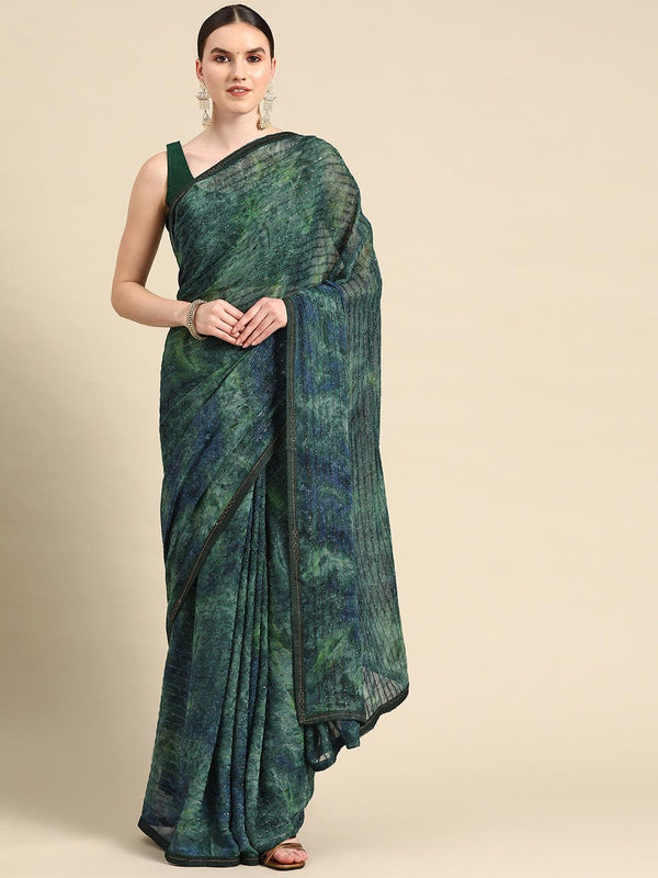 Beautiful Black And Blue Solid Printed Poly Chiffon Saree With Blouse - Indiakreations