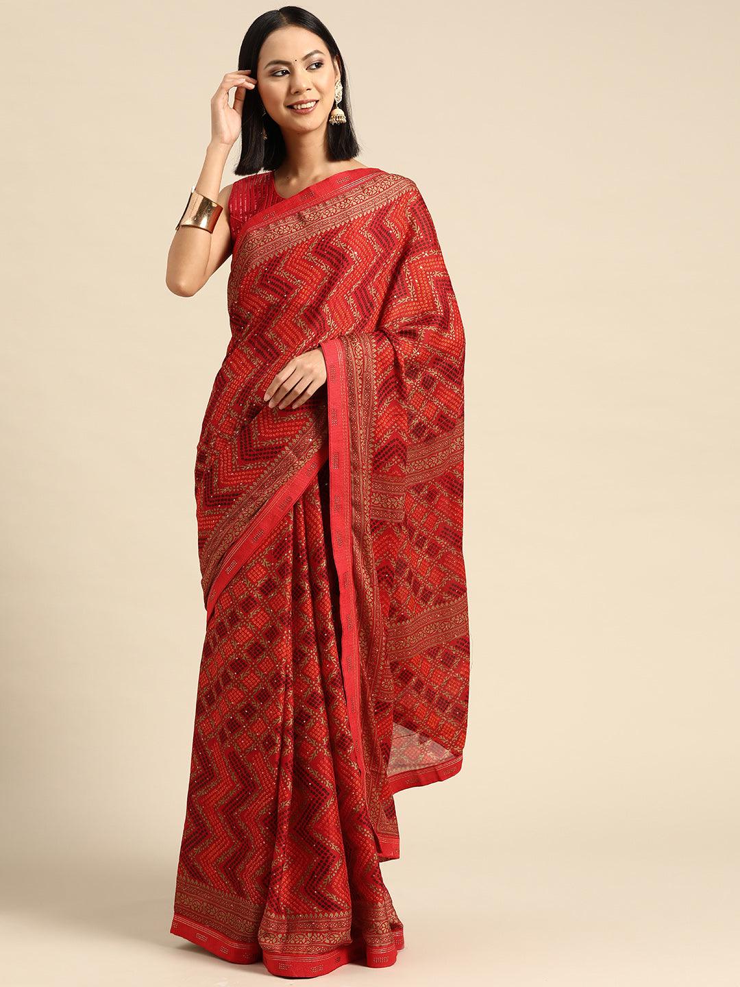 Stylish Red Solid Print Poly Chiffon Bandhani Saree With Blouse - Indiakreations