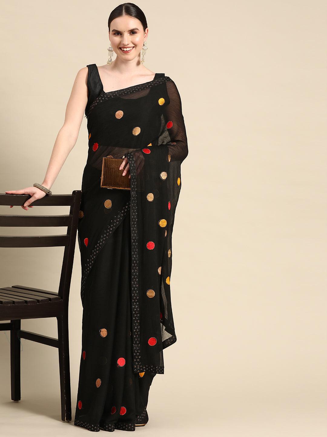 Gorgeous Black Polka Dots Work Poly Chiffon Saree With Blouse - Indiakreations