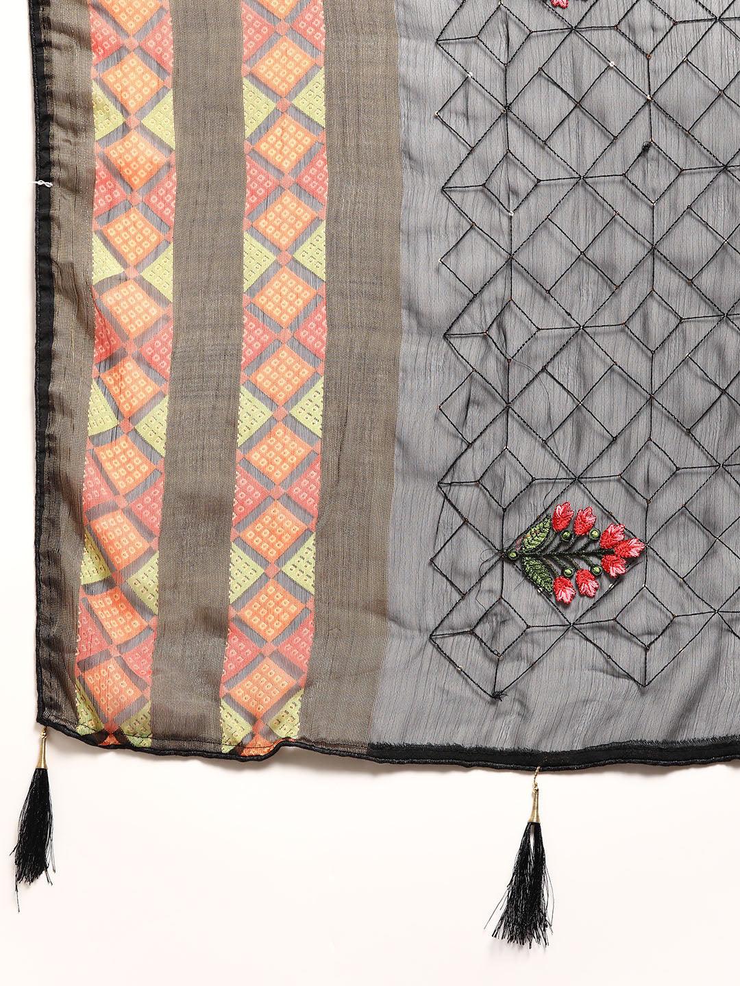 Trendy Designer Floral Embroidered Poly Chiffon Saree In Black - Indiakreations