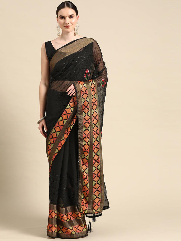 Trendy Designer Floral Embroidered Poly Chiffon Saree In Black - Indiakreations