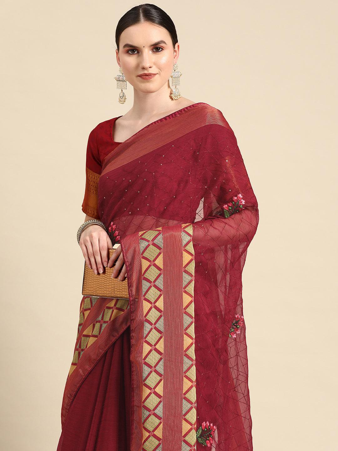 Stylish Trendy Floral Embroidered Designer Poly Chiffon Saree In Maroon - Indiakreations