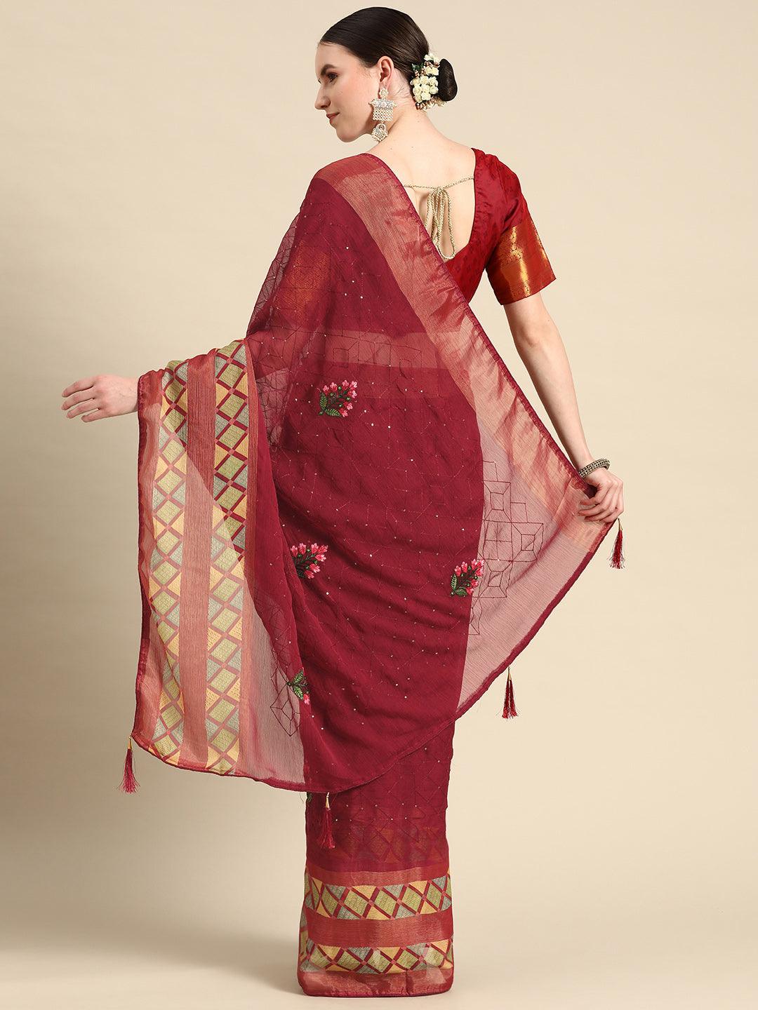 Stylish Trendy Floral Embroidered Designer Poly Chiffon Saree In Maroon - Indiakreations
