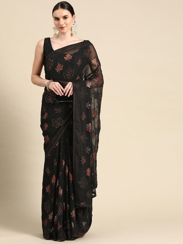Ravishing Black Designer Floral Printed Poly Chiffon Saree - Indiakreations