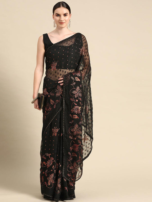 Trendy Classic Black Floral Printed Poly Poly Chiffon Saree - Indiakreations