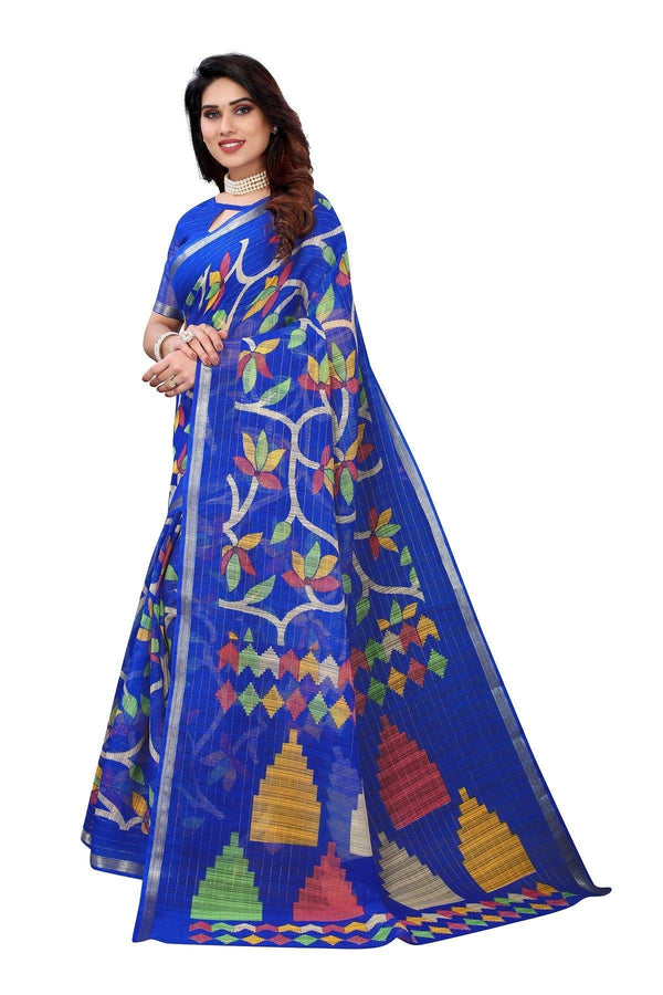 Women's Blue Linen Jari Border Saree - Vamika - Indiakreations