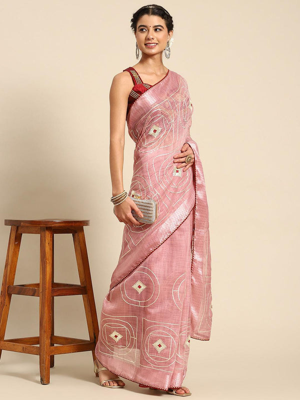 Latest Gotapatti Pink Floral Embroidery Poly Cotton Saree With Blouse - Indiakreations