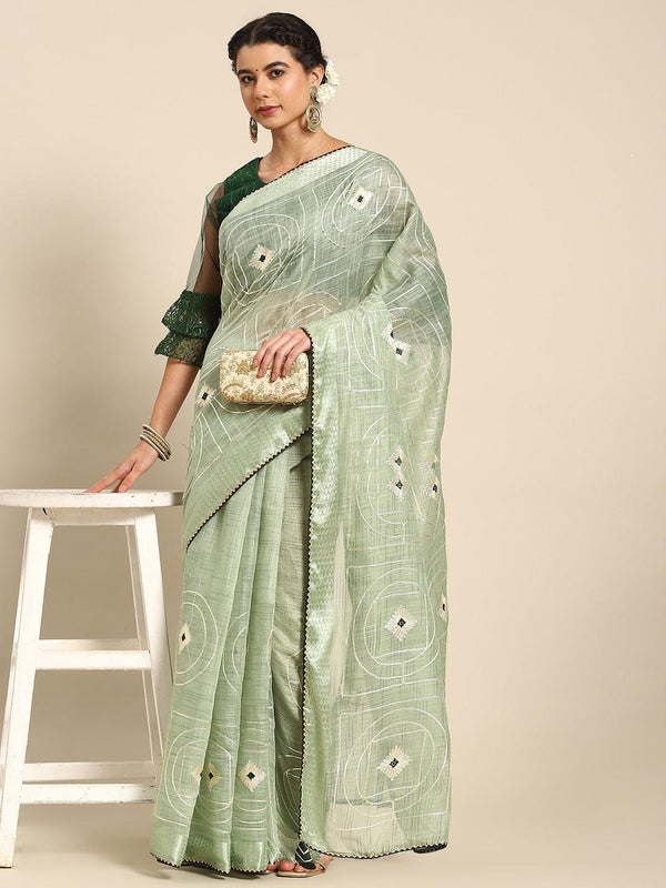 Ravishing Green Floral Embroidered Poly Cotton Saree - Indiakreations