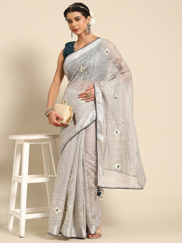 Wedding Wear Floral Embroidered Poly Cotton Saree In Grey - Indiakreations