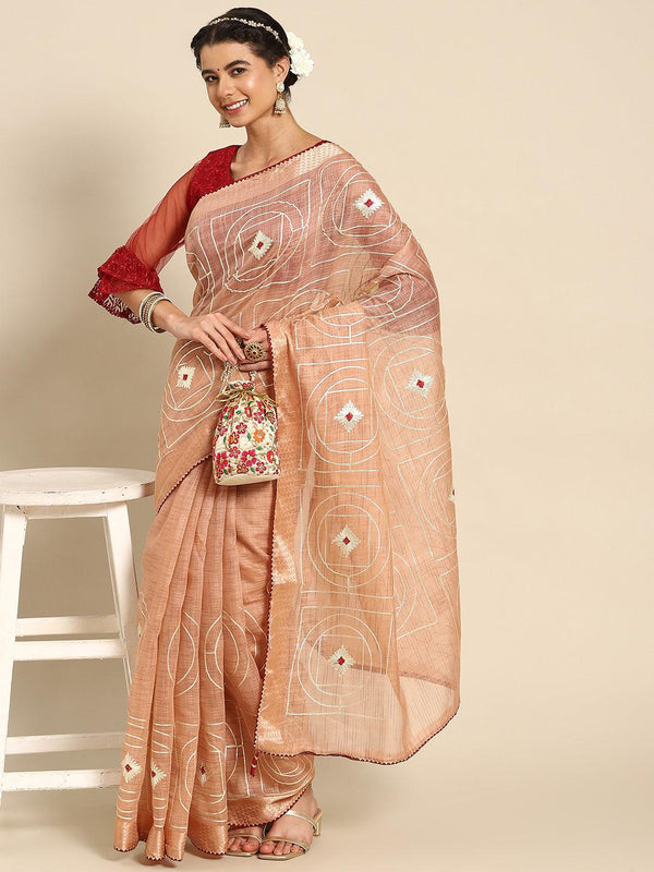 Latest Designer Floral Embroidered Poly Cotton Saree In Peach - Indiakreations