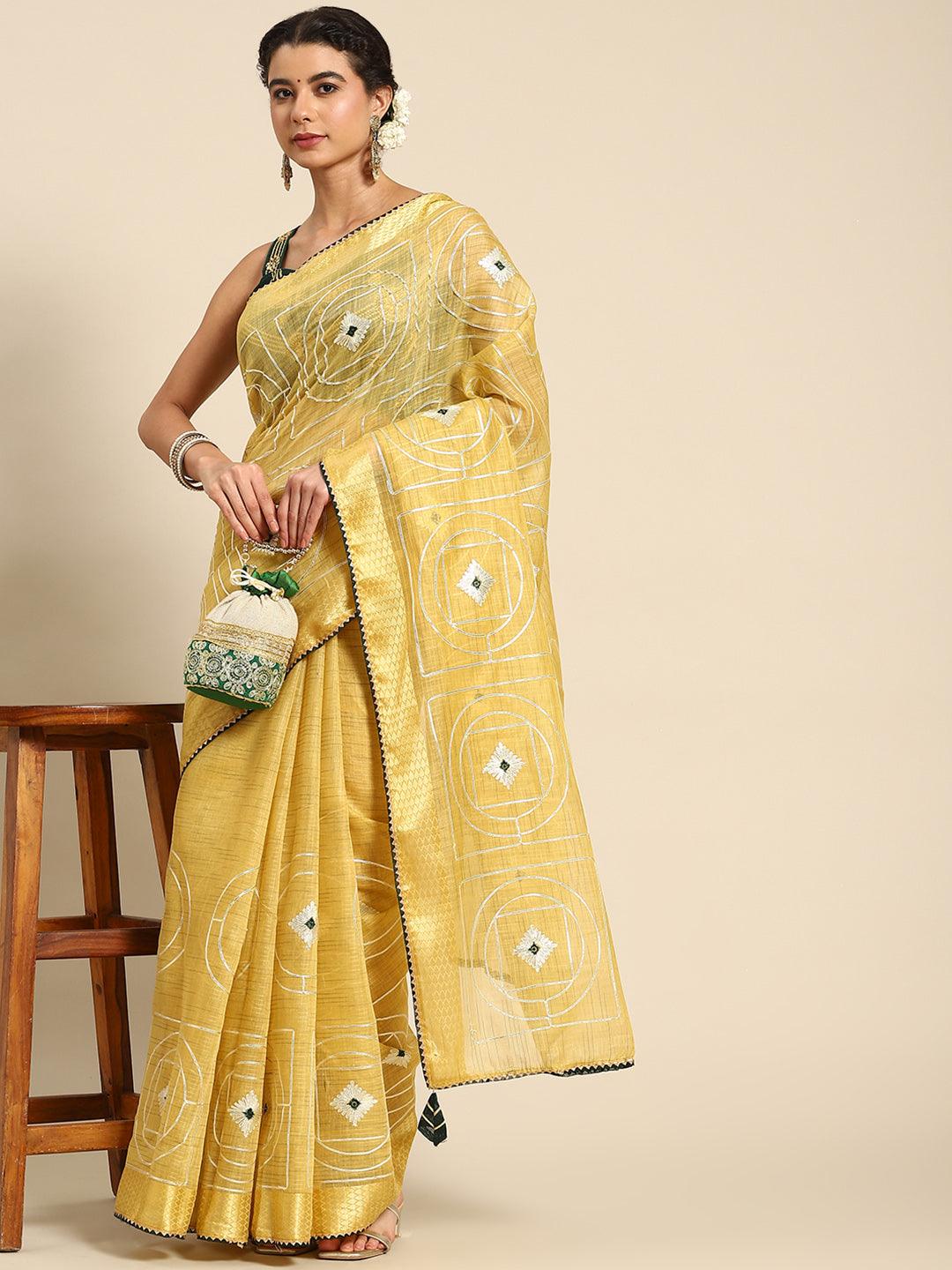 Classic Floral Embroidered Yellow Poly Cotton Saree - Indiakreations