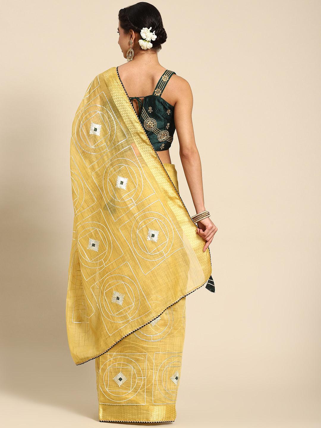 Classic Floral Embroidered Yellow Poly Cotton Saree - Indiakreations