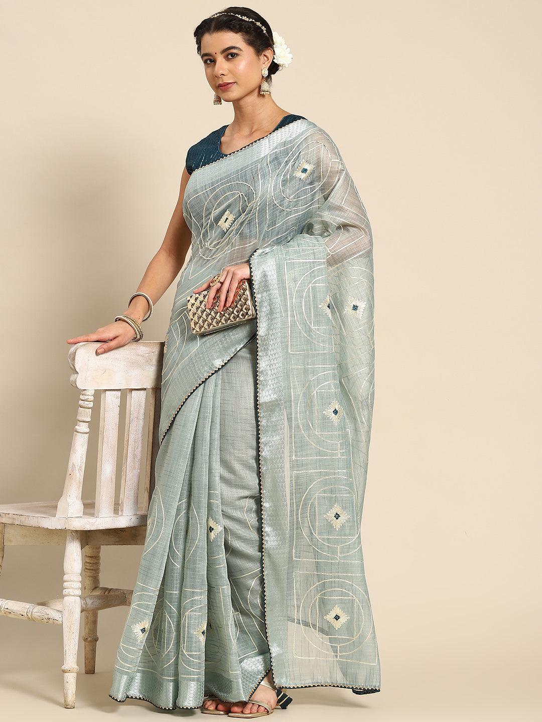 Blue Ravishing Poly Cotton Wedding Wear Contemporary Saree - Indiakreations