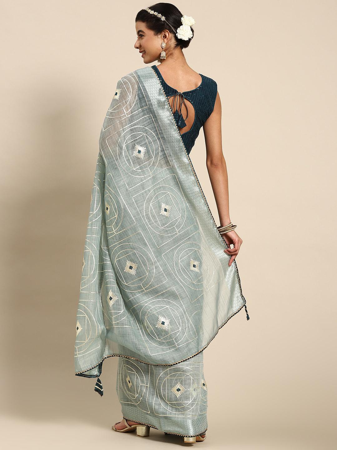 Blue Ravishing Poly Cotton Wedding Wear Contemporary Saree - Indiakreations