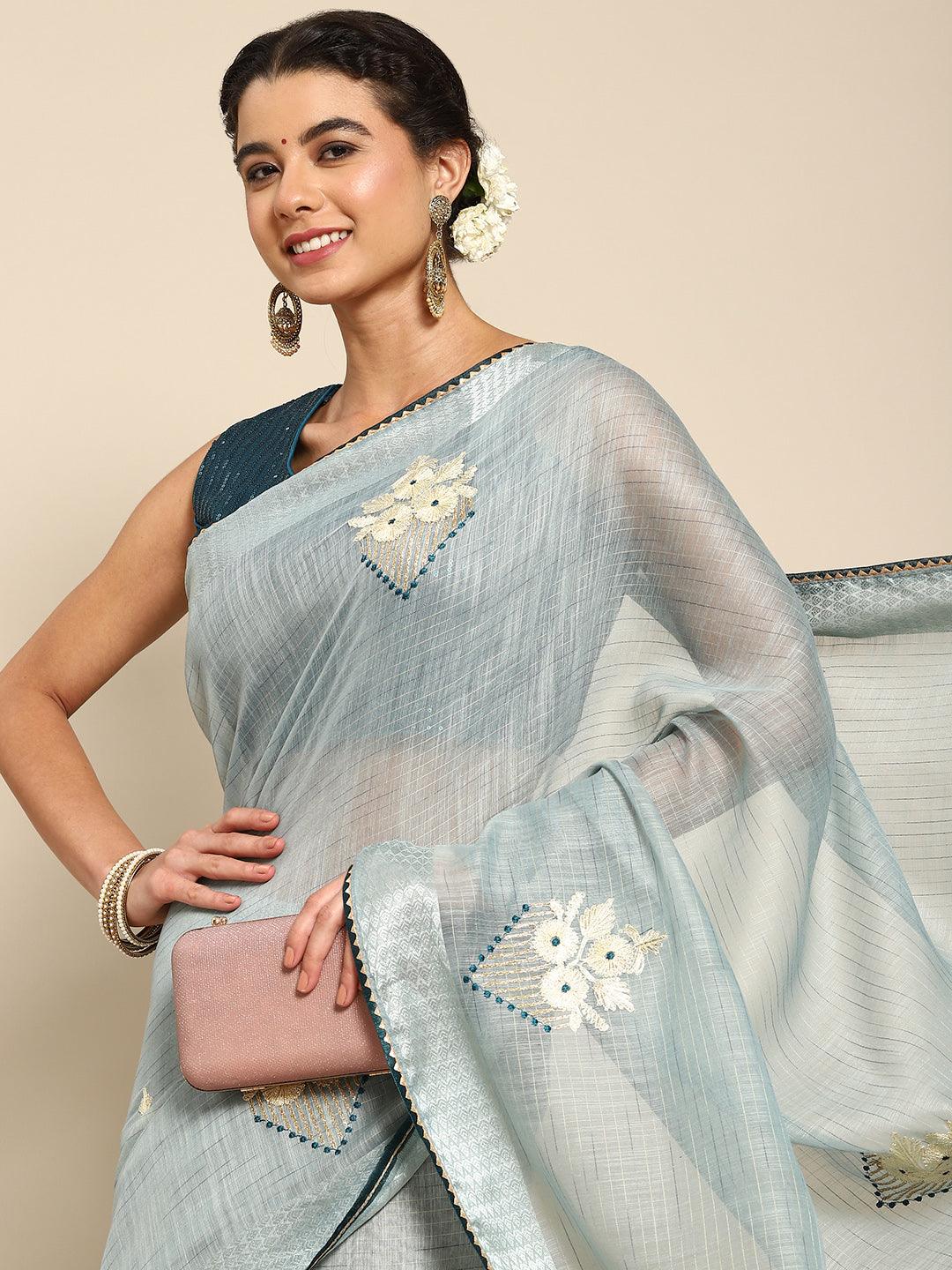Festival Wear Fancy Fabric Beautiful Sky Blue Saree - Indiakreations