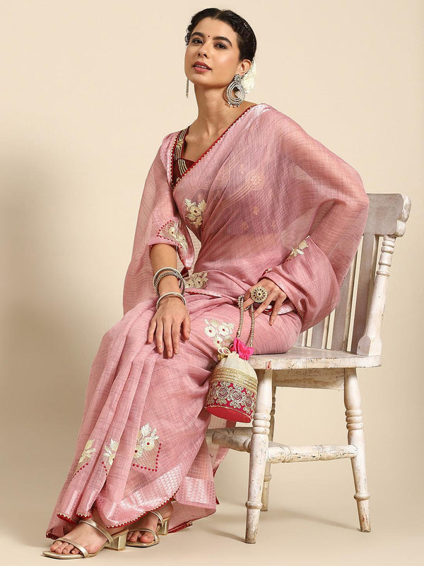 Latest Designer Poly Cotton Floral Embroidered Saree In Pink - Indiakreations