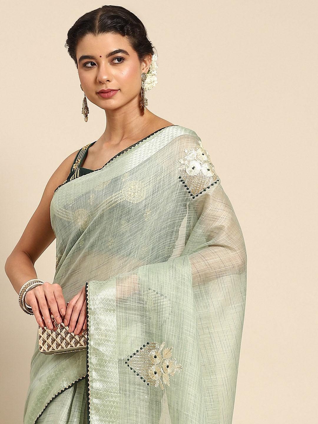 Fancy Poly Cotton Green Color Embroidered Saree - Indiakreations