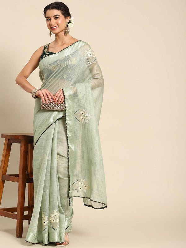 Fancy Poly Cotton Green Color Embroidered Saree - Indiakreations