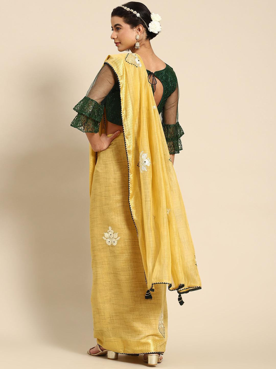Gorgeous Yellow Floral Embroidered Wedding Wear Saree - Indiakreations