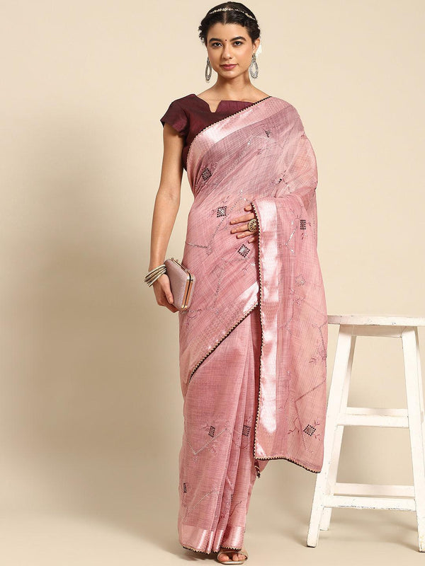 Desirable Pink Floral Embroidered Trendy Poly Cotton Saree - Indiakreations