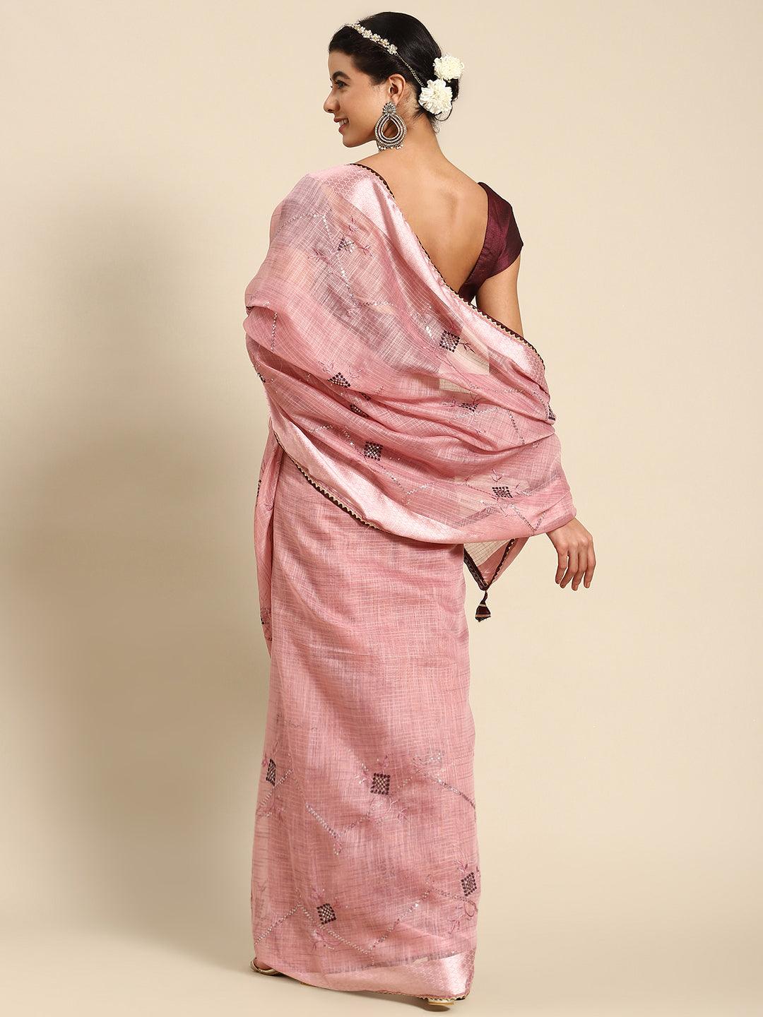 Desirable Pink Floral Embroidered Trendy Poly Cotton Saree - Indiakreations
