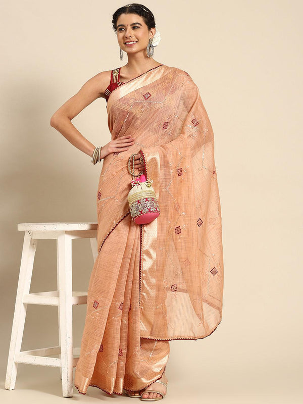 Beautiful Polly Cotton Classic Saree In Peach - Indiakreations