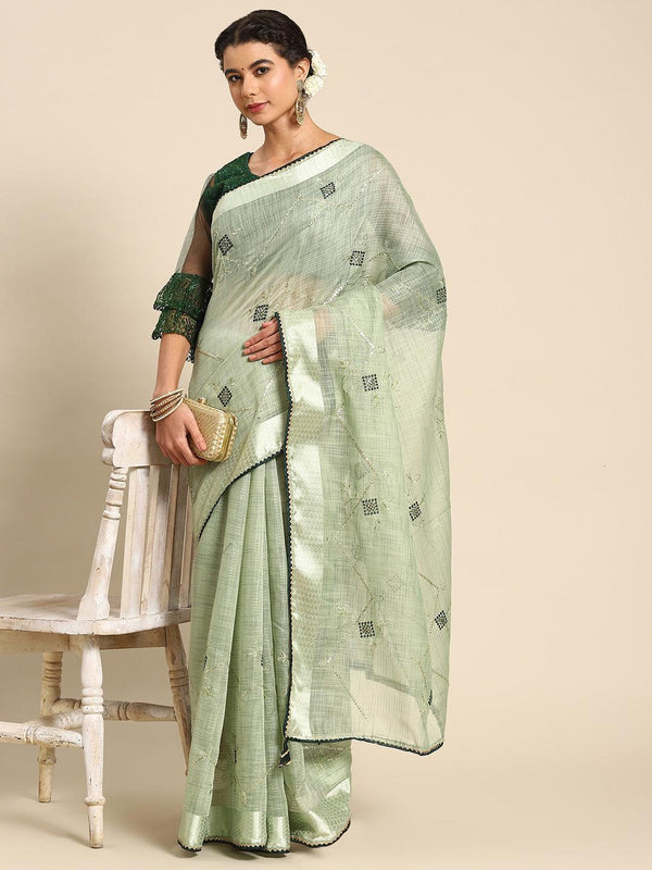 Latest Floral Embroidered Designer Saree In Green - Indiakreations