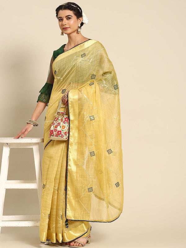 Gorgeous Yellow Embroidered Trendy Festival Saree - Indiakreations