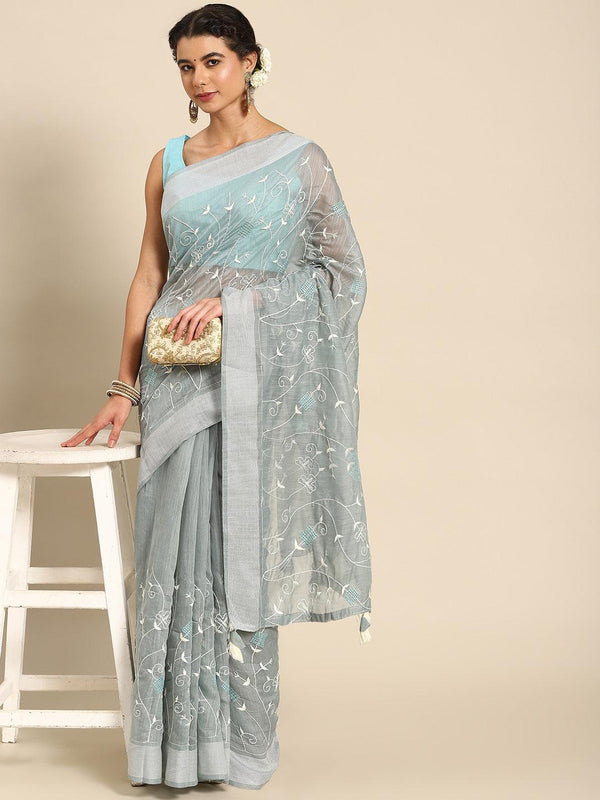 Beautiful Blue Floral Embroidery Poly Cotton Saree with Blouse - Indiakreations