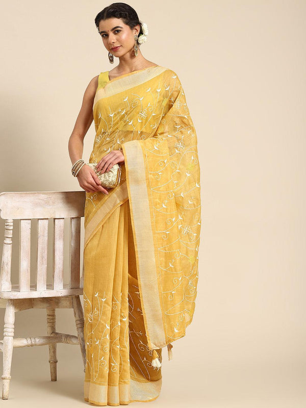 Gorgeous Floral Embroidered Poly Cotton Saree In Yellow - Indiakreations