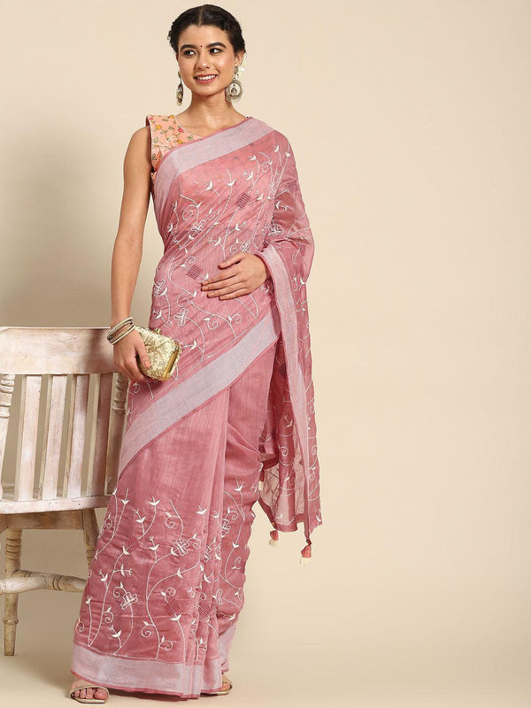 Ravishing Pink Designer Embroidered Poly Cotton Saree - Indiakreations