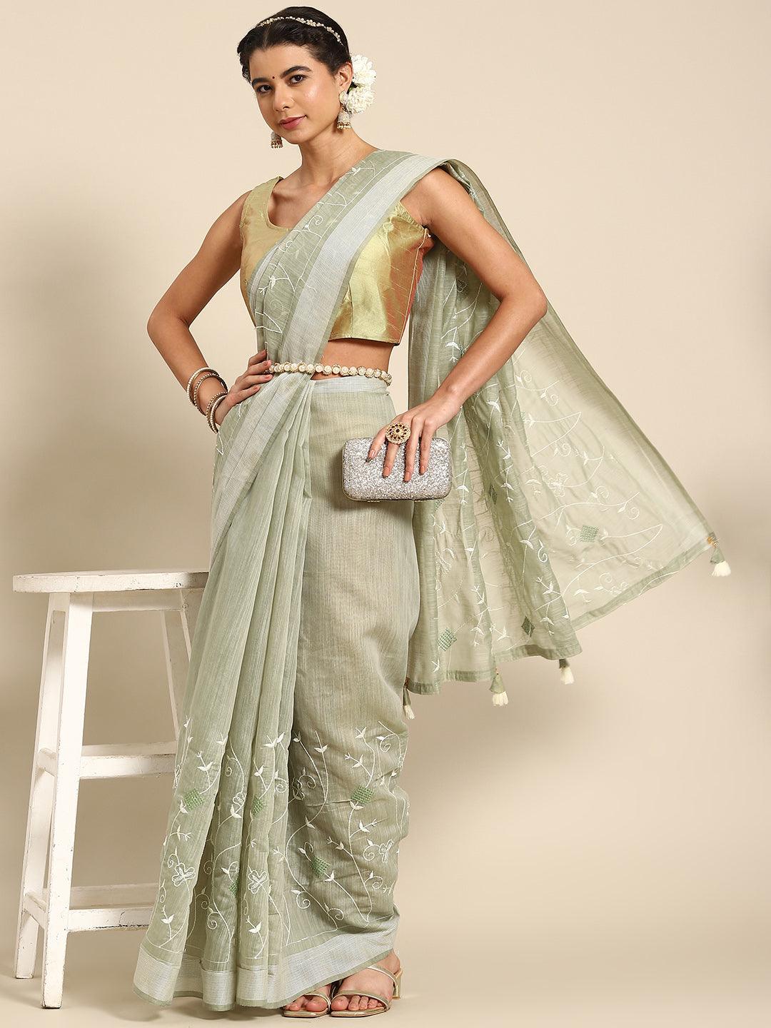 Stylish Trendy Floral Embroidered Designer Poly Cotton Green Saree - Indiakreations