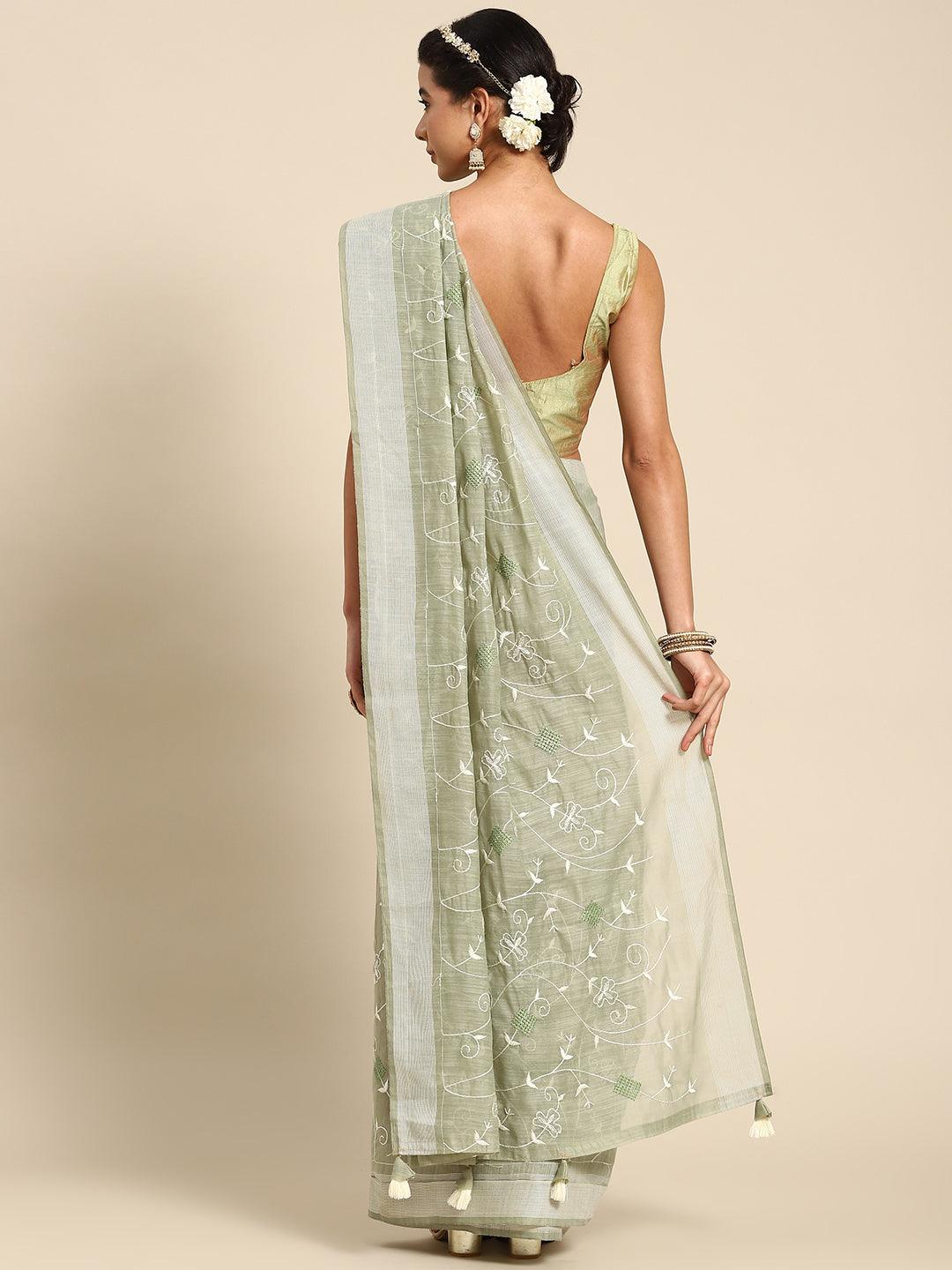 Stylish Trendy Floral Embroidered Designer Poly Cotton Green Saree - Indiakreations