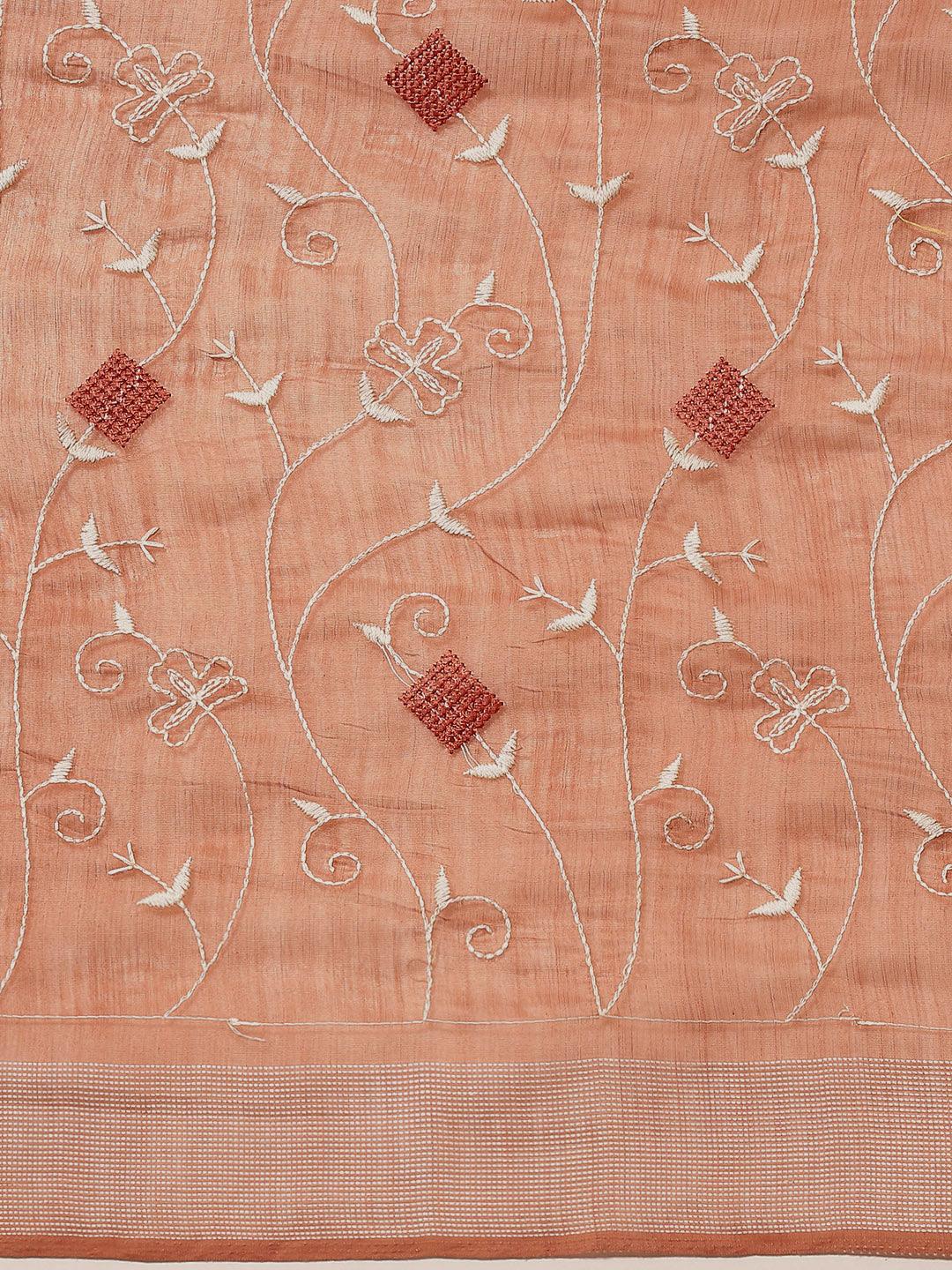 Trendy Designer Floral Embroidered Polly Cotton Saree In Peach - Indiakreations