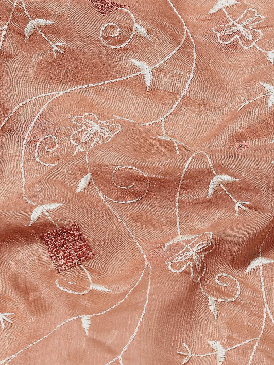 Trendy Designer Floral Embroidered Polly Cotton Saree In Peach - Indiakreations