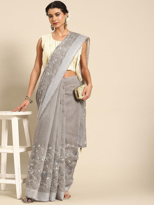 Latest Designer Grey Poly Cotton Floral Embroidered Saree - Indiakreations