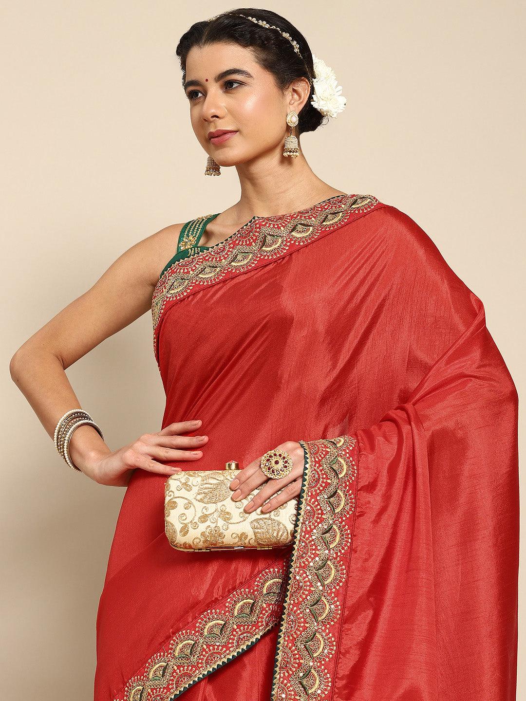 Trendy Classic Red Floral Embroidered Poly Cotton Saree - Indiakreations