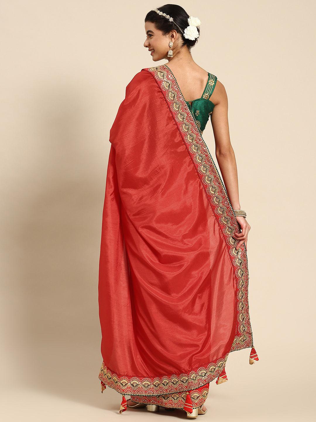 Trendy Classic Red Floral Embroidered Poly Cotton Saree - Indiakreations